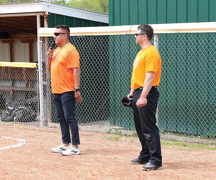 Left: Chief Evan Taypotat of Kahkewistahaw Jays and Ian Glasser, president of South East Mens Fastball League thanked members of the community for coming out in support of the reconciliation games.